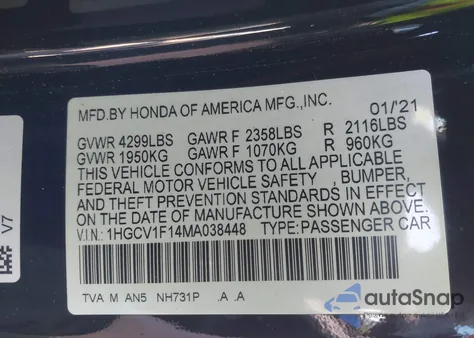 2021 Honda Accord Lx from USA, damaged, VIN 1HGCV1F14MA038448